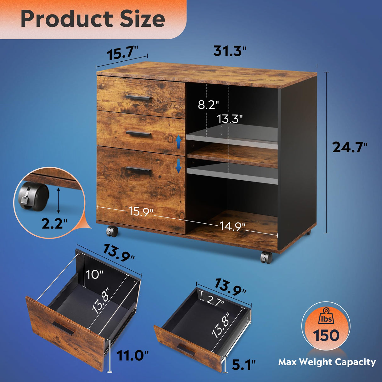 DEVAISE 3-Drawer Wood File Cabinet, Mobile Lateral Filing Cabinet, Printer Stand with Open Storage Shelves for Home Office, Rustic Brown DEVAISE