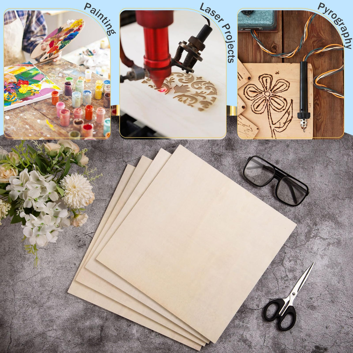 4 Pack 12 x 12 Inch Basswood Sheets for Crafts 12mm-1/2 Thick Unfinished Plywood Boards Blank Wood Square Sheets for DIY Projects, Painting, Wood AWIZOM