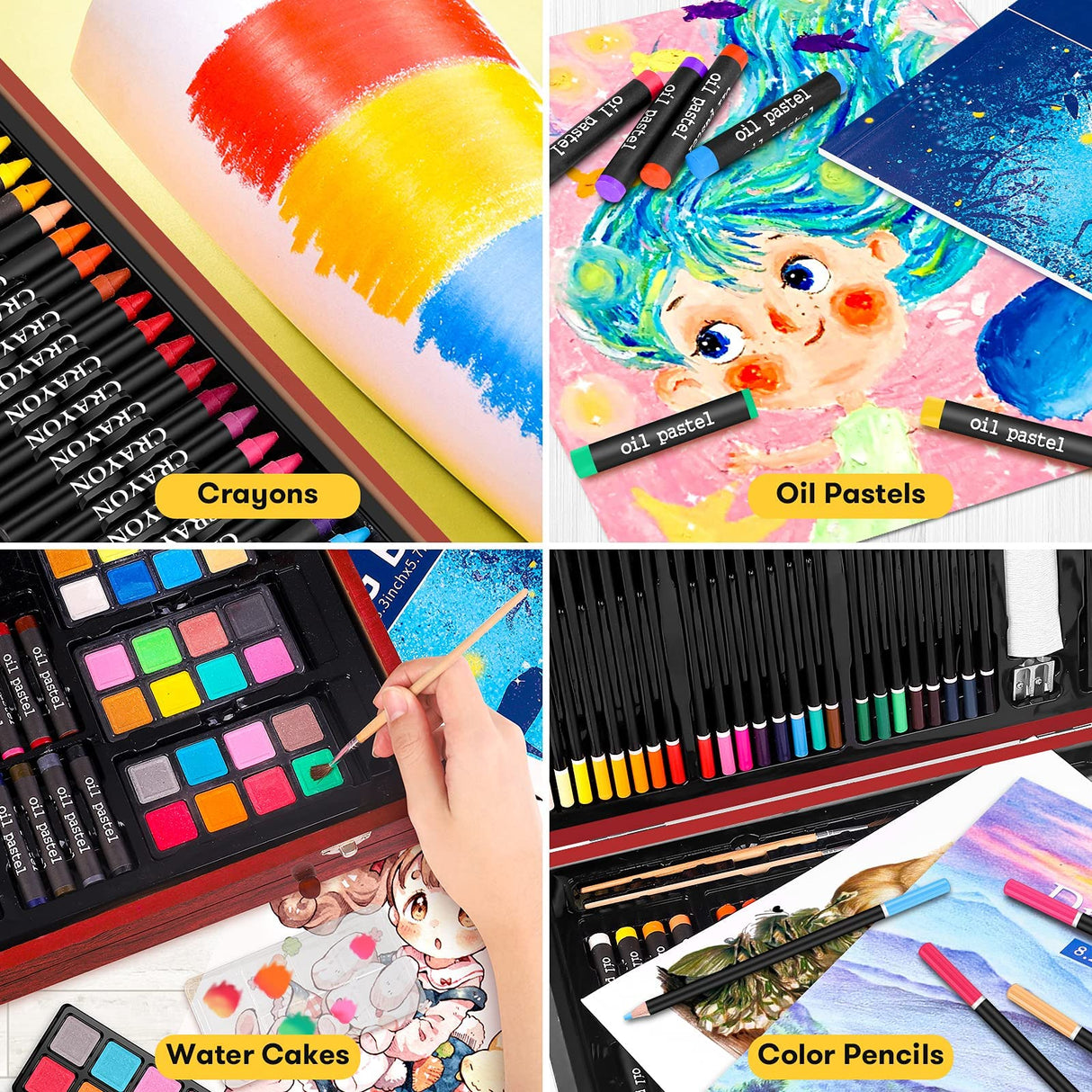 iBayam Art Supplies, 150-Pack Deluxe Wooden Art Set Crafts Drawing Painting Kit with 1 Coloring Book, 2 Sketch Pads, Creative Gift Box for Adults iBayam