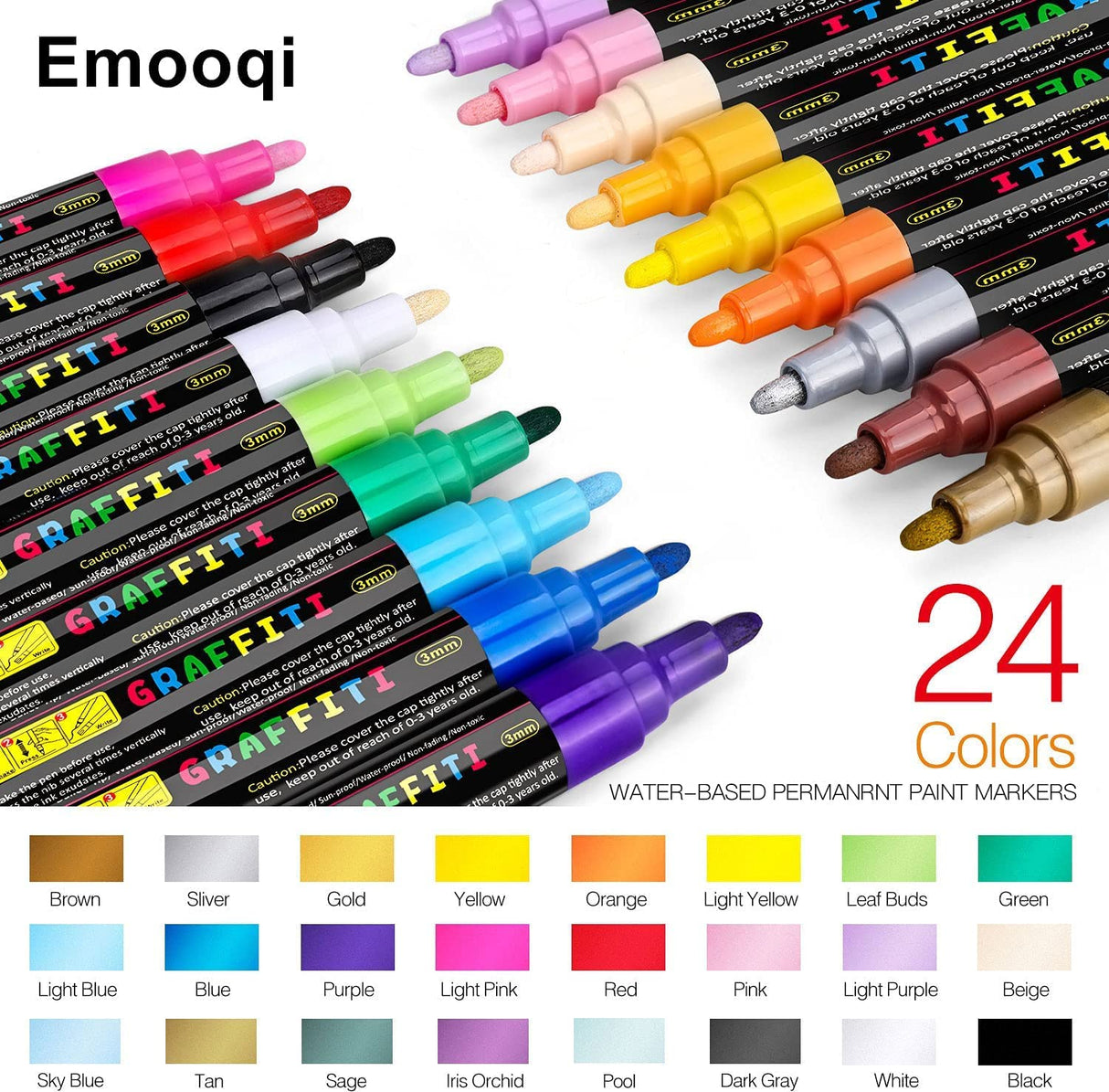 Emooqi Acrylic Paint Pens, Set of 24 Colors Paint Markers Pens for Rocks, Craft, Ceramic, Glass, Wood, Fabric, Canvas -Art Crafting Supplies Emooqi