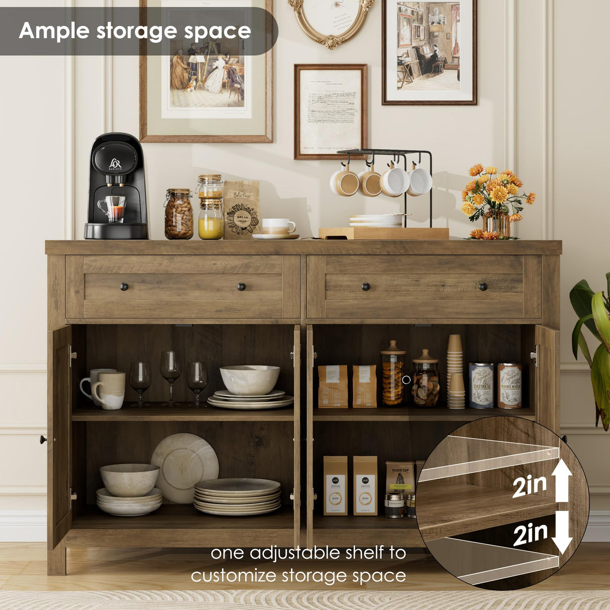 HOSTACK 55" Buffet Sideboard Cabinet with Storage, Modern Farmhouse Coffee Bar Cabinet with Drawers and Shelves, Barn Doors Storage Cabinet for HOSTACK