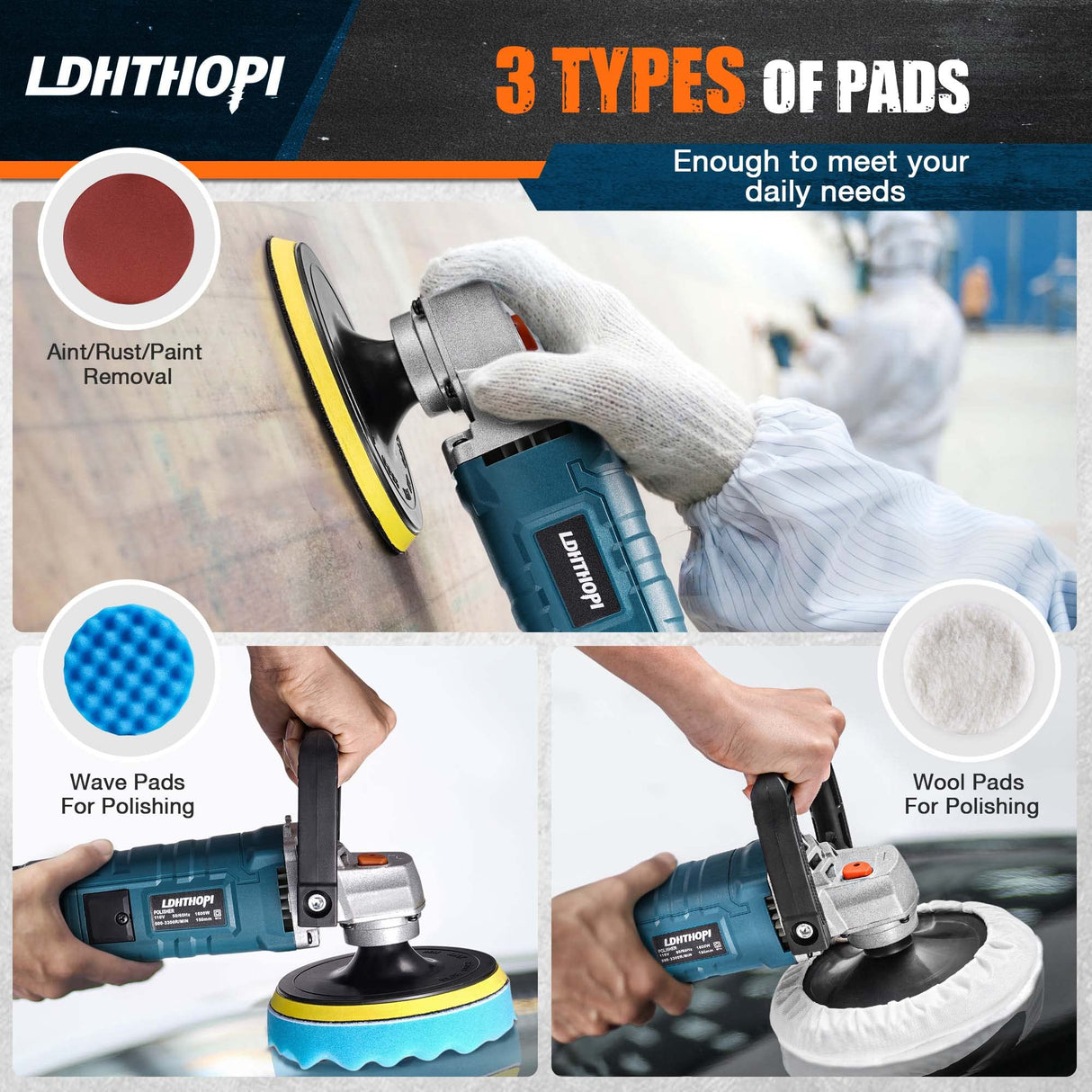 LDHTHOPI Buffer Polisher, 1600W 7 Inch/6 Inch Rotary Buffer Polisher Waxer, 7 Variable Speed 1000-3500 RPM, Detachable Handle for Car, Boat Sanding, LDHTHOPI