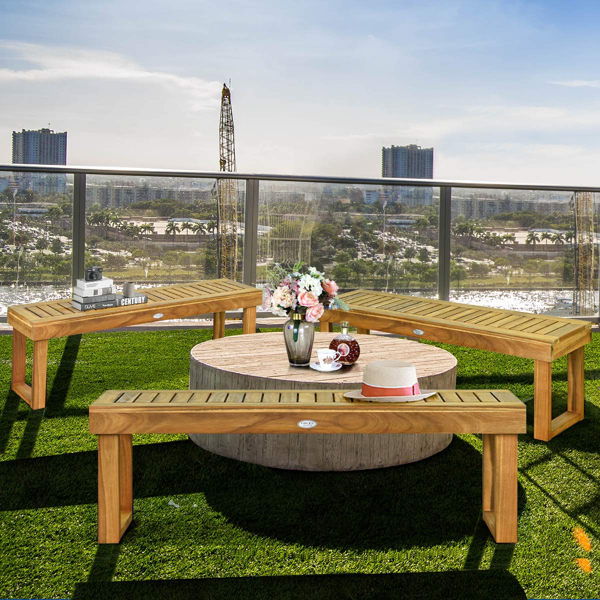 Tangkula 52 Inches Acacia Wood Outdoor Bench, Wood Bench for Dining Room Entryway Poolside Garden, Patio Backless Dining Bench with Slatted Seat, Tangkula