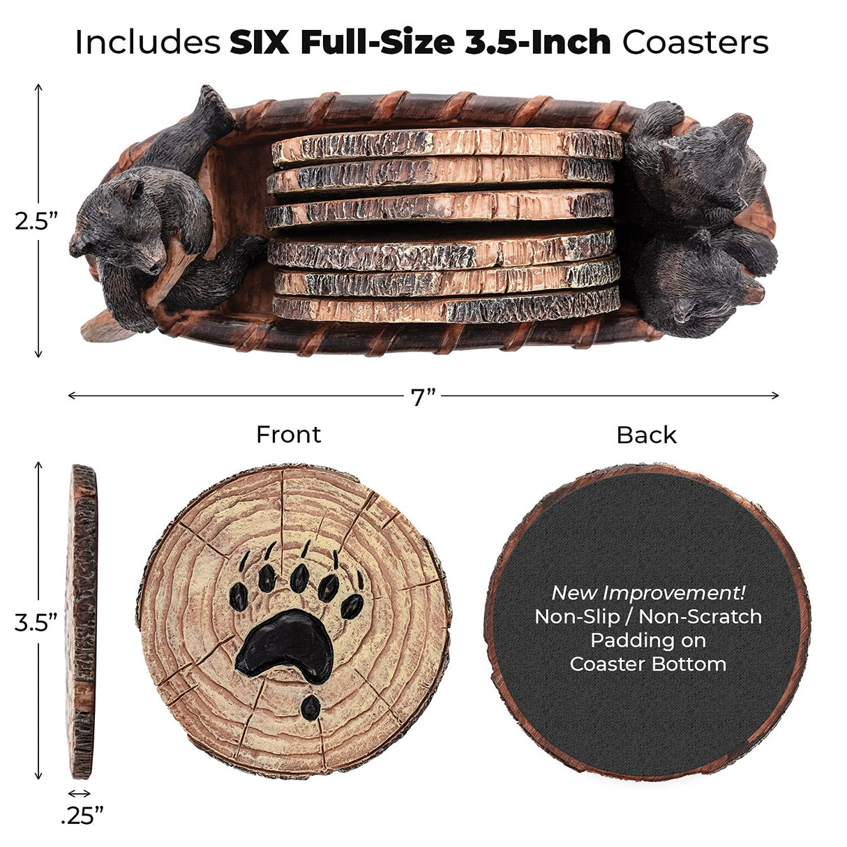 Bear Coasters Set – 6 Full Size Rustic Coasters in Handmade Canoe with Adorable Black Bear Figurines | Black Bear Log Cabin Decorations, Rustic Lodge Cabin Obsession