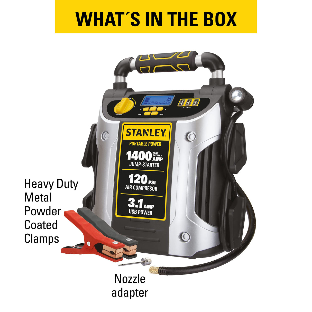 1400 Peak Amp Automotive Jump Starter, Portable Power – Triple 15W USB Ports, 120 PSI Air Compressor STANLEY