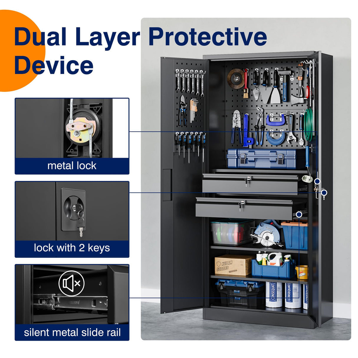 Yizosh Metal Garage Storage Cabinet with Locking Doors and Drawers, Heavy Duty Steel Tool Cabinet with Pegboard, 71" - Lockable Cabinets for Garage, Yizosh