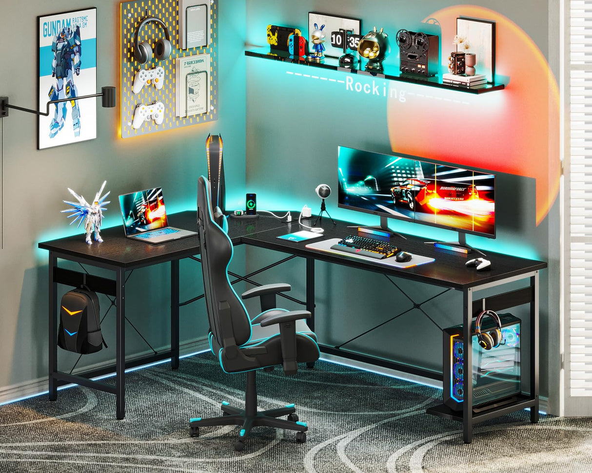 Coleshome 66" L Shaped Gaming Desk with Outlet, L Shaped Desk with CPU Stand, Corner Computer Desk, Home Office Desk, Writing Desk, Black Coleshome