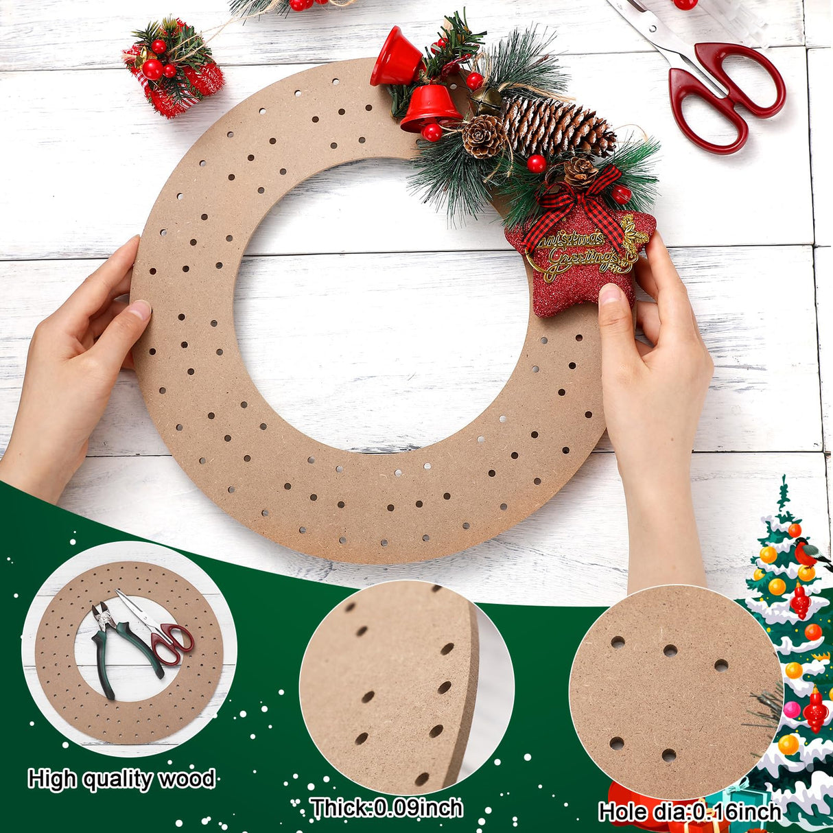 Thyle 6 Pcs Round Wreath Boards with Holes Wooden Summer Wreath Flower Boards Wood Ring Wreath Frame Supplies with 100 Nylon Cable Ties for DIY Thyle
