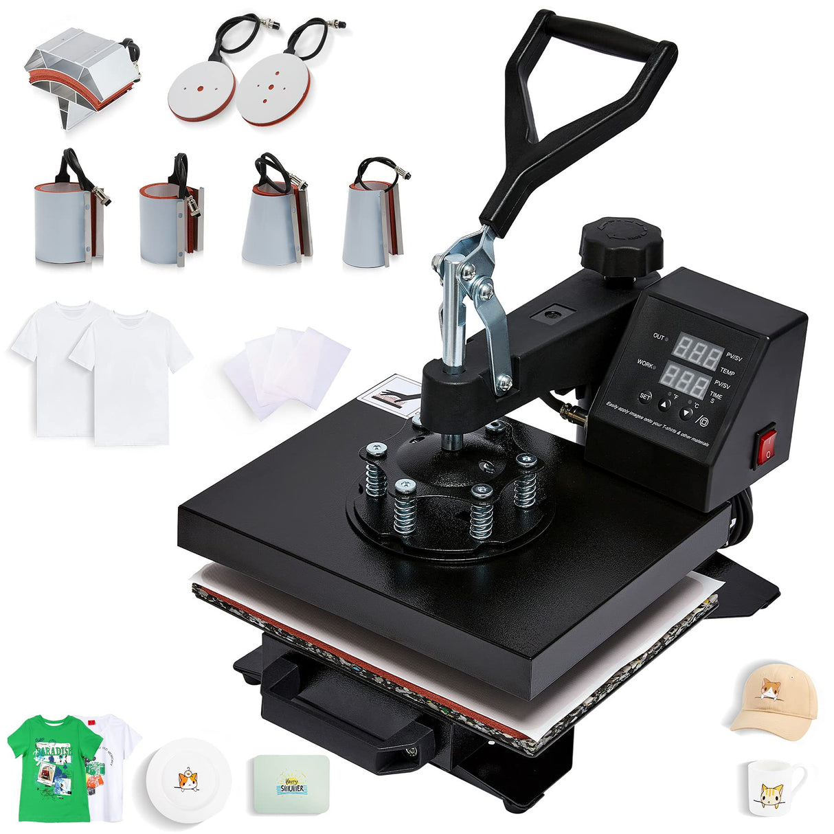 CO-Z Heat Press Machine, 8 in1 Swing Away Flat Plate Cap Mug Press Set, Professional Heat Press for T Shirts Hats Bags Tile More, Shirts Transfer CO-Z