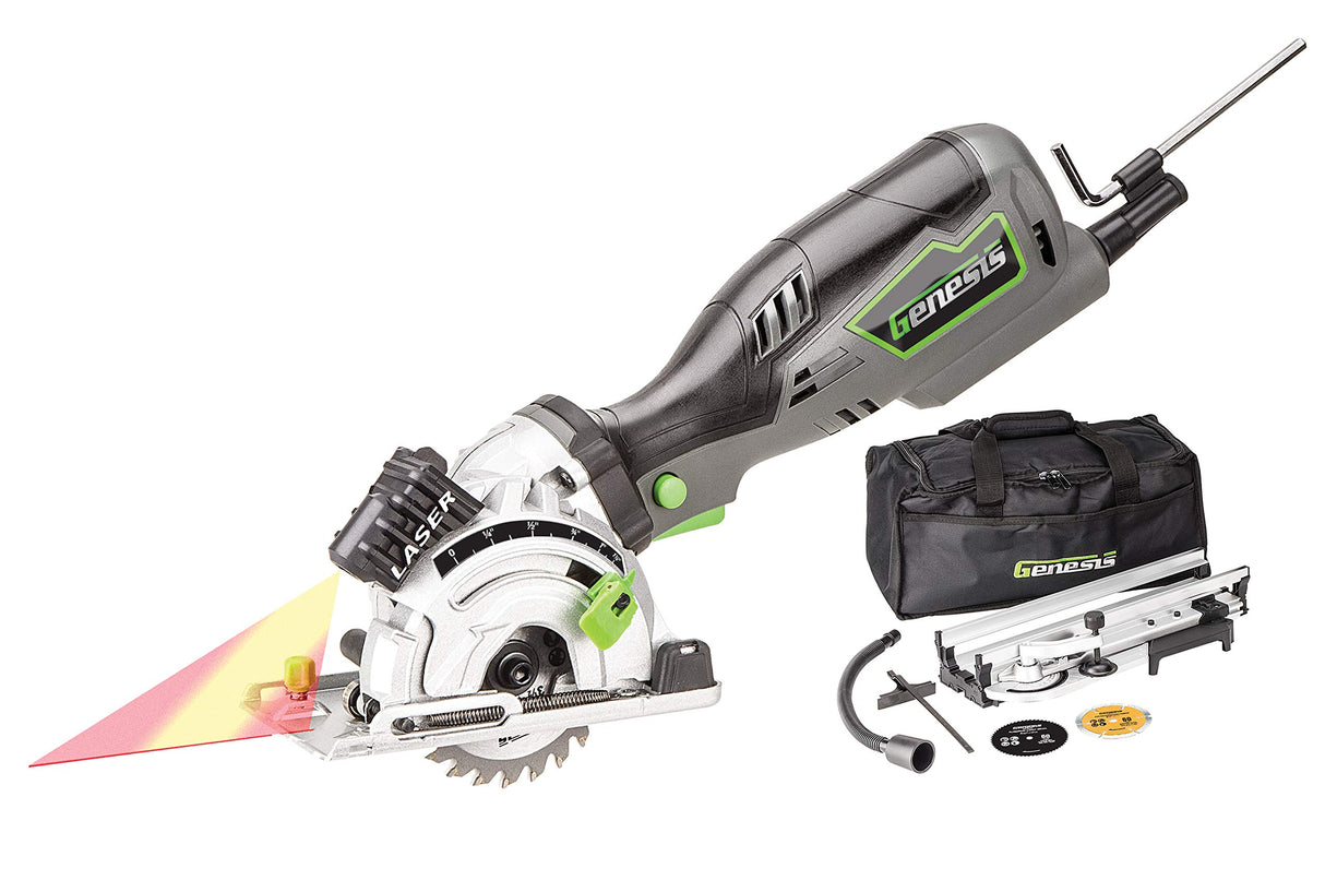 Genesis GPCS535CK 5.8 Amp 3 1/2” Control Grip Plunge Compact Circular Saw Kit with Laser, Miter Base, 3 Assorted Blades, Vacuum Adapter Hose, Rip Genesis