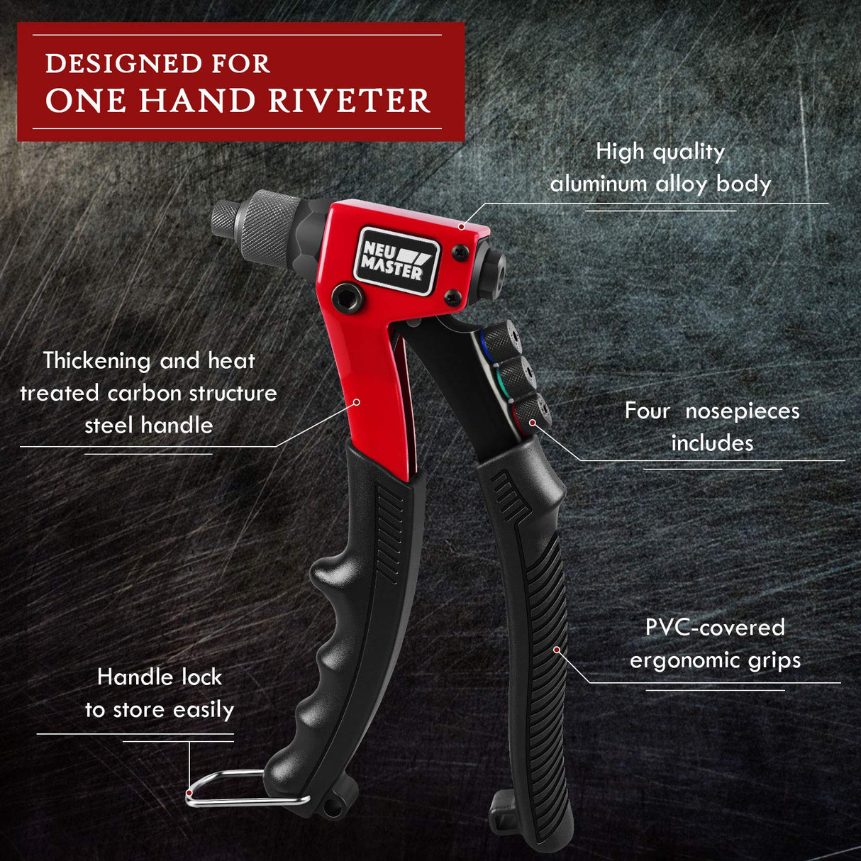 NEU MASTER Rivet Gun with 200Pcs Rivets, Manual Rivet Gun Kit with 4 Tool-Free Interchangeable Rivet Heads, BMC Case, Heavy Duty Single Hand Riveter NEU MASTER