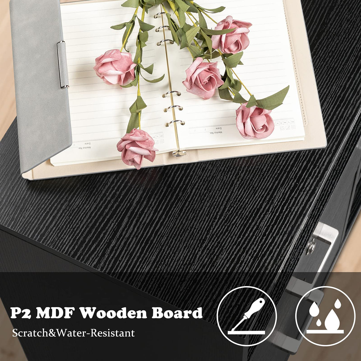 VINGLI Wood Mobile File Cabinet with 4 Drawers and Shelves, Printer Stand with Open Storage, Locking Lateral Filing Cabinet for Home Office, Black VINGLI