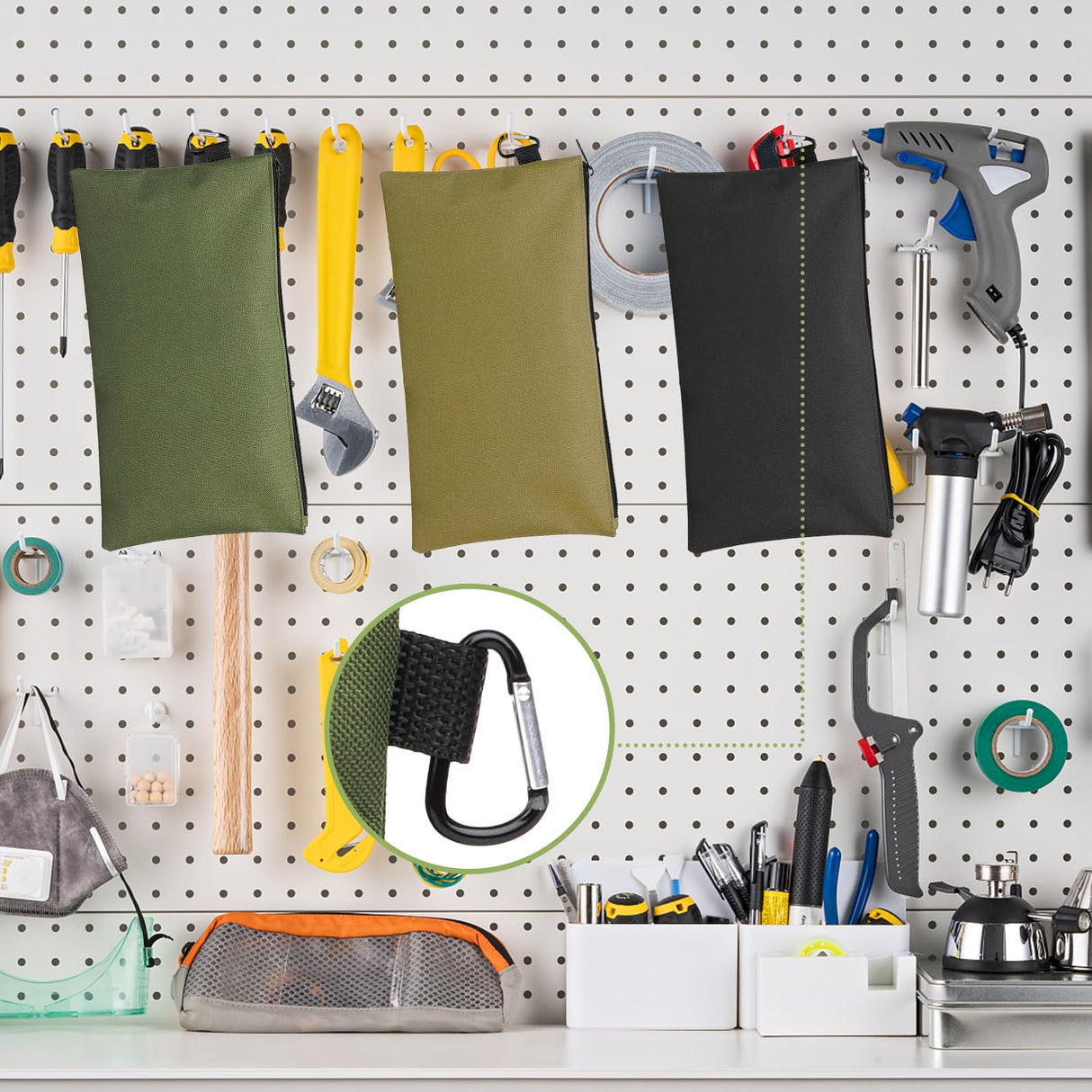 3 Pack Tool Bag Zipper Pouch, Premium Tool Pouch, Utility Multipurpose Storage Organizer Tool Pouches with Carabiner Metal Zipper for Tools, Travel COIDEA