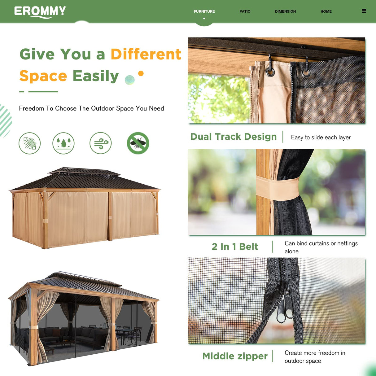 EROMMY 12' x 20' Gazebo, Wooden Finish Coated Aluminum Frame Canopy with Double Galvanized Steel Hardtop Roof, Outdoor Permanent Metal Pavilion with EROMMY