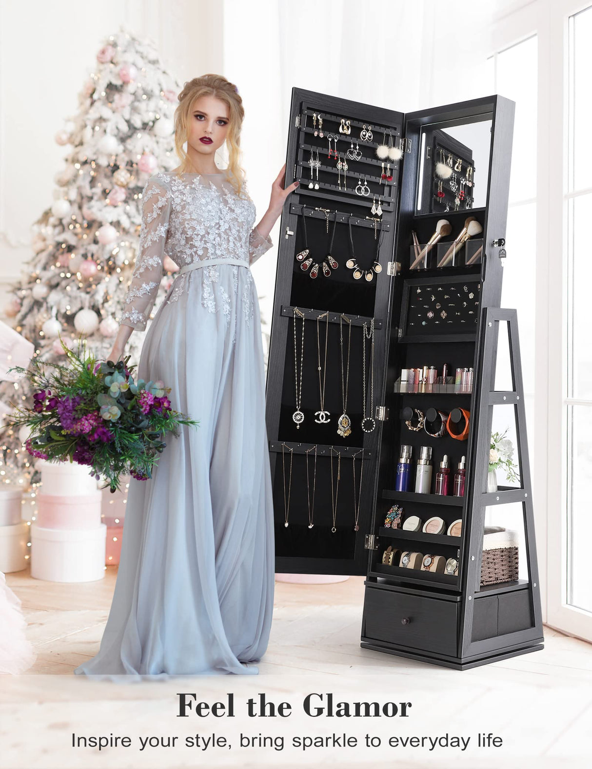 Nicetree 360° Swivel Jewelry Cabinet with Lights, Touch Screen Vanity Mirror, Rotatable Full Length Mirror with Jewelry Storage, Standing Jewelry Nicetree