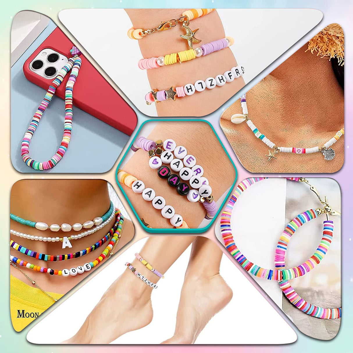 Flat Clay Beads for Jewelry Bracelet Making Kit,6mm Flat Polymer Heishi Beads DIY Arts and Crafts Kit with Smiley Face Letter Bead,Gifts Toys for klmars