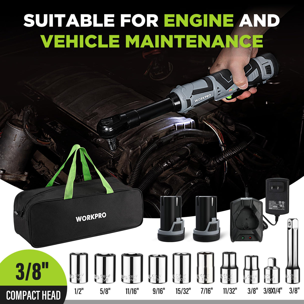 WORKPRO 12V 40 Ft-lbs Power Ratchet Wrench Kit with 10-Piece Socket Accessory Set, 1-Hour Fast Charger, 2.0Ah Lithium-Ion Batteries WORKPRO