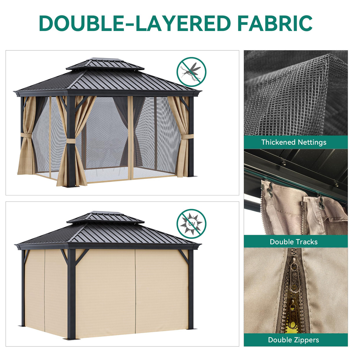 YITAHOME 10x12ft Gazebo Double Roof Hardtop with Nettings and Curtains, Heavy Duty Galvanized Steel Outdoor Vertical Stripes Roof for Patio, YITAHOME