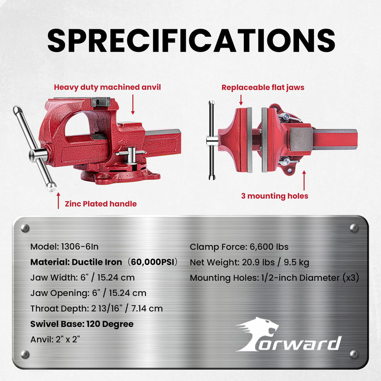 Forward 1306 6 Inch Home Vise Ductile Iron 6" Bench Vise Homeowner's Vice with Anvil and Swivel Base Forward