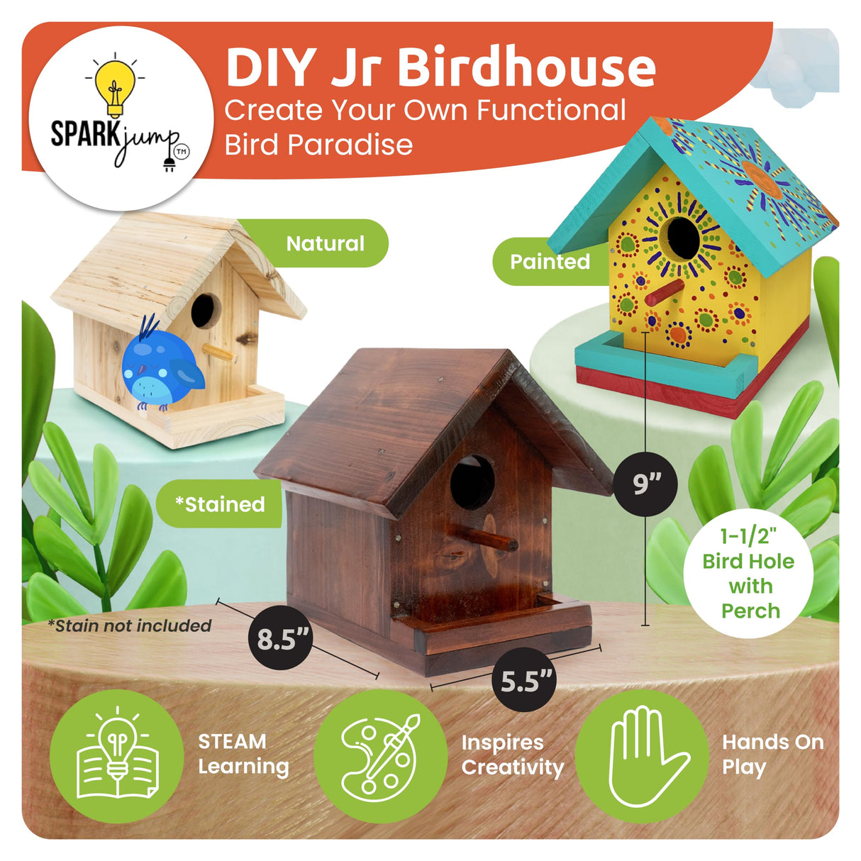 SparkJump Jr Bird House Kit | DIY Birdhouse Kits Made of Cedar Wood for Outdoors | Birdhouse Kits for Kids and Adults with Paint | Bird House Making SparkJump