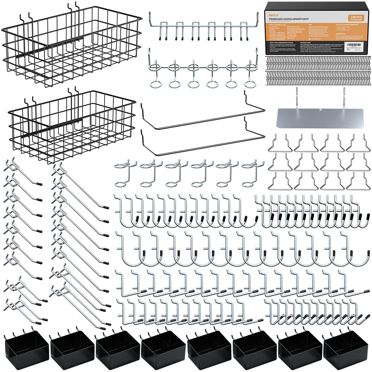 INCLY 238PCS Pegboard Accessories Organizer Kit, Peg Board Hooks Assortment with Peg Bins, Baskets, Paper Towel Holder for 1/8 and 1/4 inch Pegboard INCLY