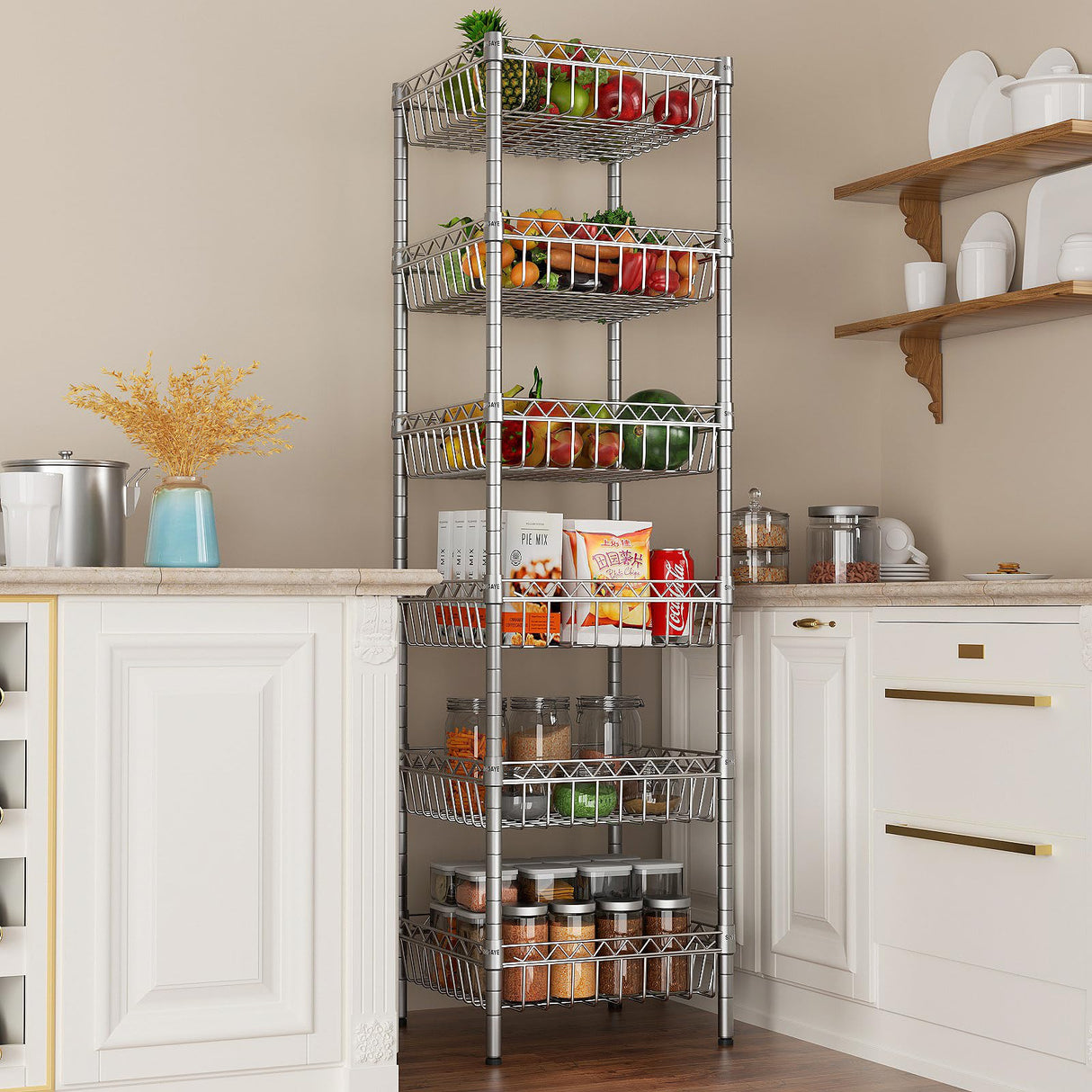 SINGAYE 6 Tier Wire Shelving Unit with Baskets Storage Rack Corner Shelf Shelving Adjustable Storage Shelf, 13.4" D x 13.4" W x 62.99" H,Silver SINGAYE