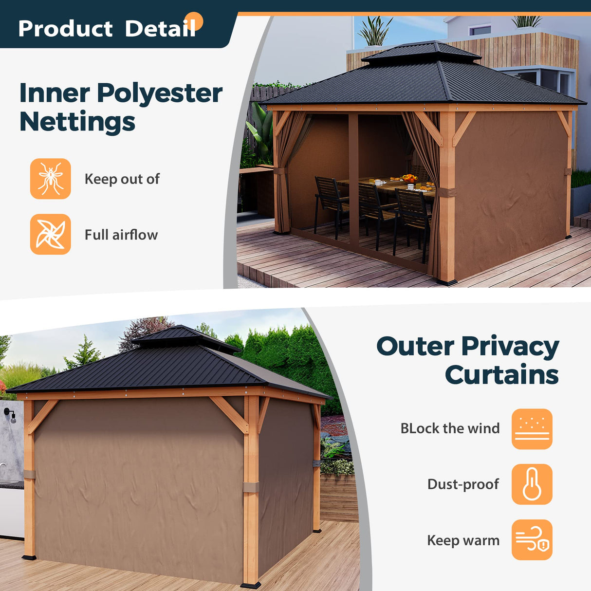 HAPPATIO 11' × 13' Wood Gazebo, Outdoor Hardtop Gazebo with Mosquito Netting and Curtains, Double Metal Roof Patio Gazebo Hard Top Gazebo for Garden, HAPPATIO