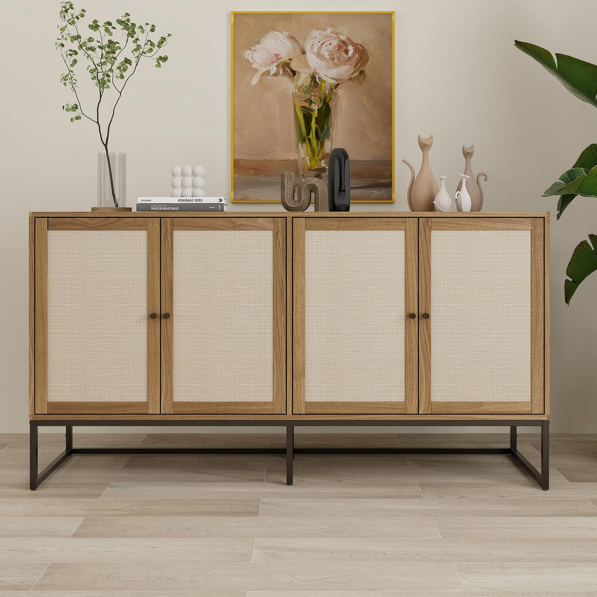 QEIUZON Modern Sideboard Cabinet, Accent Storage Cabinet with Rattan Doors and Adjustable Shelves, Freestanding Sideboard Storage Cabinet for Kitchen QEIUZON