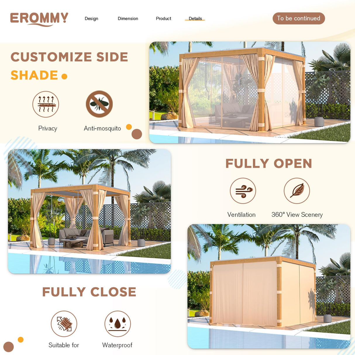 EROMMY Louvered Pergola 10' x 10' Outdoor Hard Top Gazebo with Wooden Grain Aluminum Frame and Adjustable Metal Rainproof Roof for Garden & Patio, EROMMY