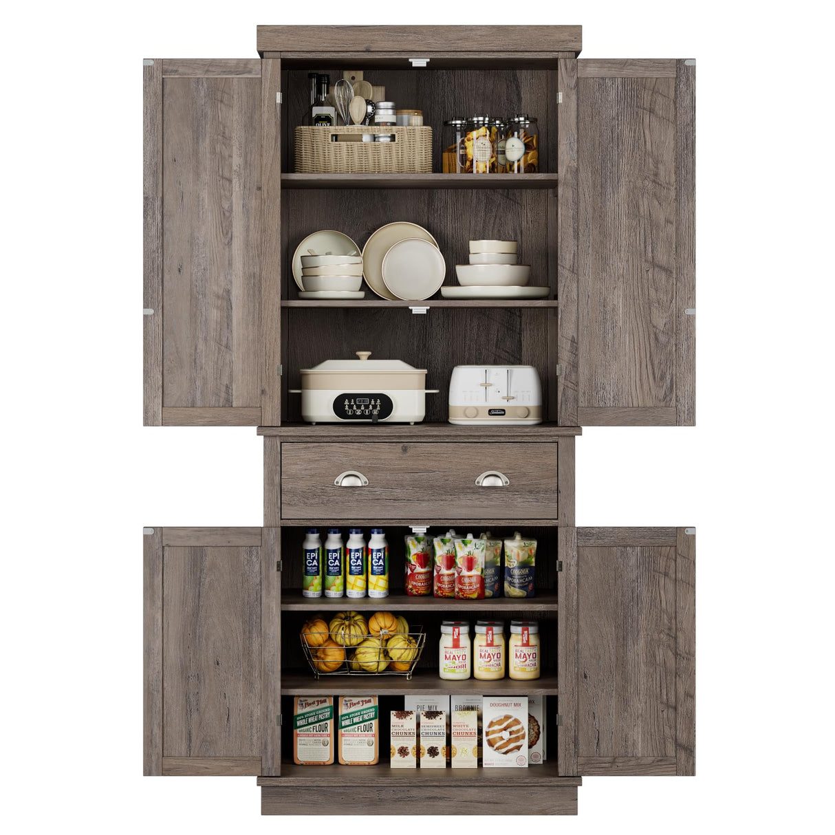 FOTOSOK 72" Kitchen Pantry Storage Cabinets with Drawer, Freestanding Cupboard with 4 Doors, Drawer, 4 Shelves, Utility Pantry Cabinet for Kitchen, FOTOSOK