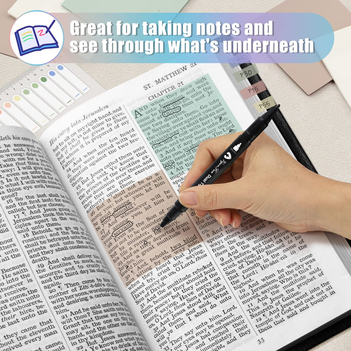 Transparent Sticky Notes, 2000 Sheets Clear Sticky Notes Pads with Pen, Waterproof Self-Stick Translucent Sticky Notes Tabs for Annotation Books, VigorFun