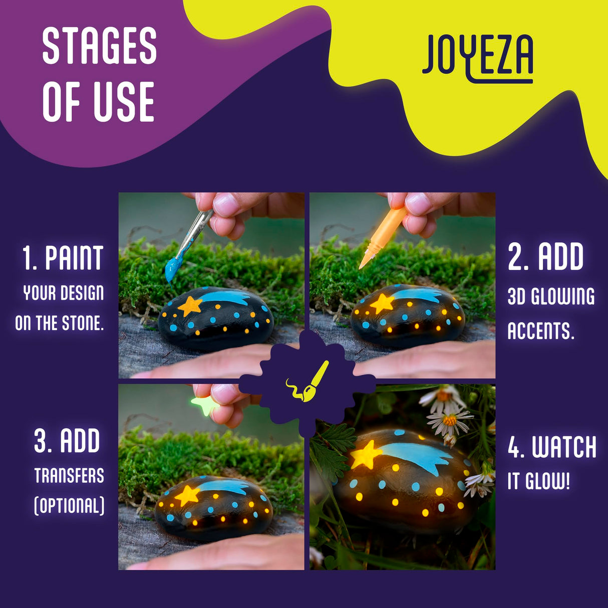 JOYEZA Rock Painting Kit Glow in The Dark, Arts and Crafts for Girls and Boys Age 6+, 12 Painting Rocks for Kids, Waterproof Paints, Kids Activities JOYEZA