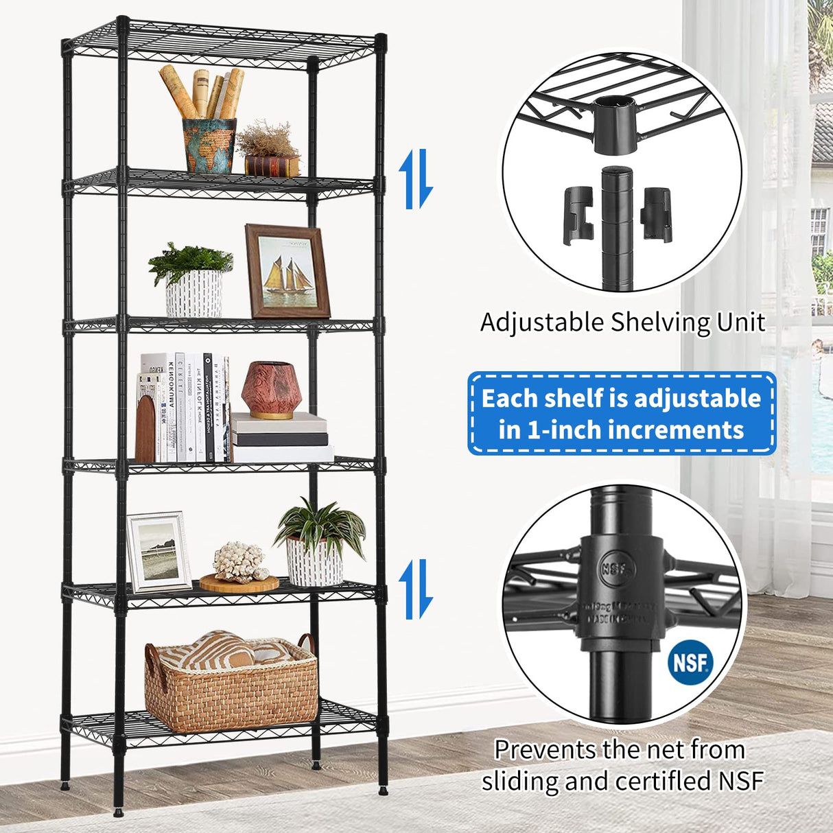 YYkokocat 6-Tier Wire Shelving Unit Detachable Storage Shelves with 8 Adjustable Feet 59" H x 23" x 13" Kitchen Storage Rack Adjustable Metal Shelf YYkokocat