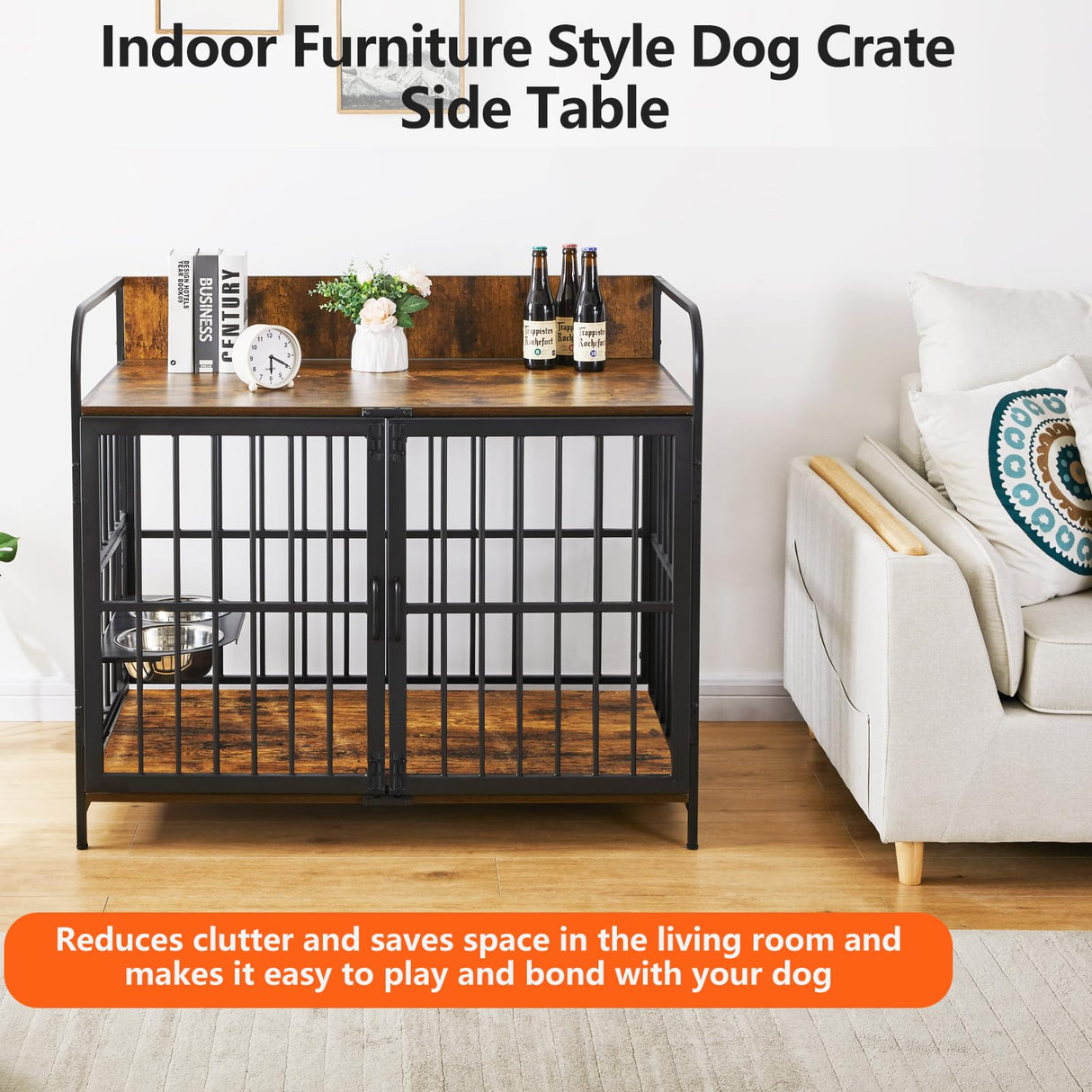 SEPTBOT Large Dog Kennel Indoor Furniture, 41 Inch Large Dog Crate with 360° Adjustable Feeder-2 Stainless Steel Bowls, Wooden Dog Cage Table for SEPTBOT