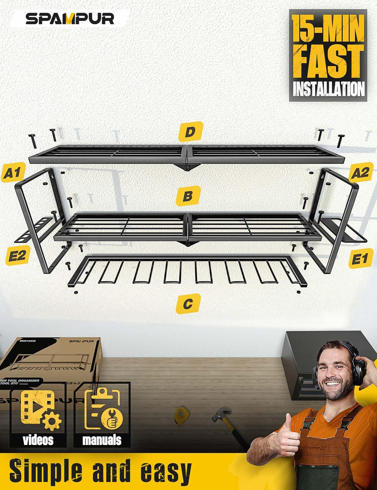 Spampur Power Tool Organizer for Tool Storage, Drill Holder Wall Mount with Charging Station, Tool Holder and Storage Rack for Garage Organization, Spampur