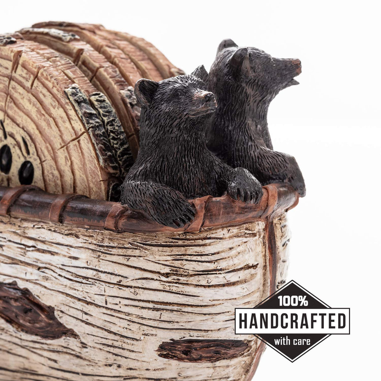 Bear Coasters Set – 6 Full Size Rustic Coasters in Handmade Canoe with Adorable Black Bear Figurines | Black Bear Log Cabin Decorations, Rustic Lodge Cabin Obsession