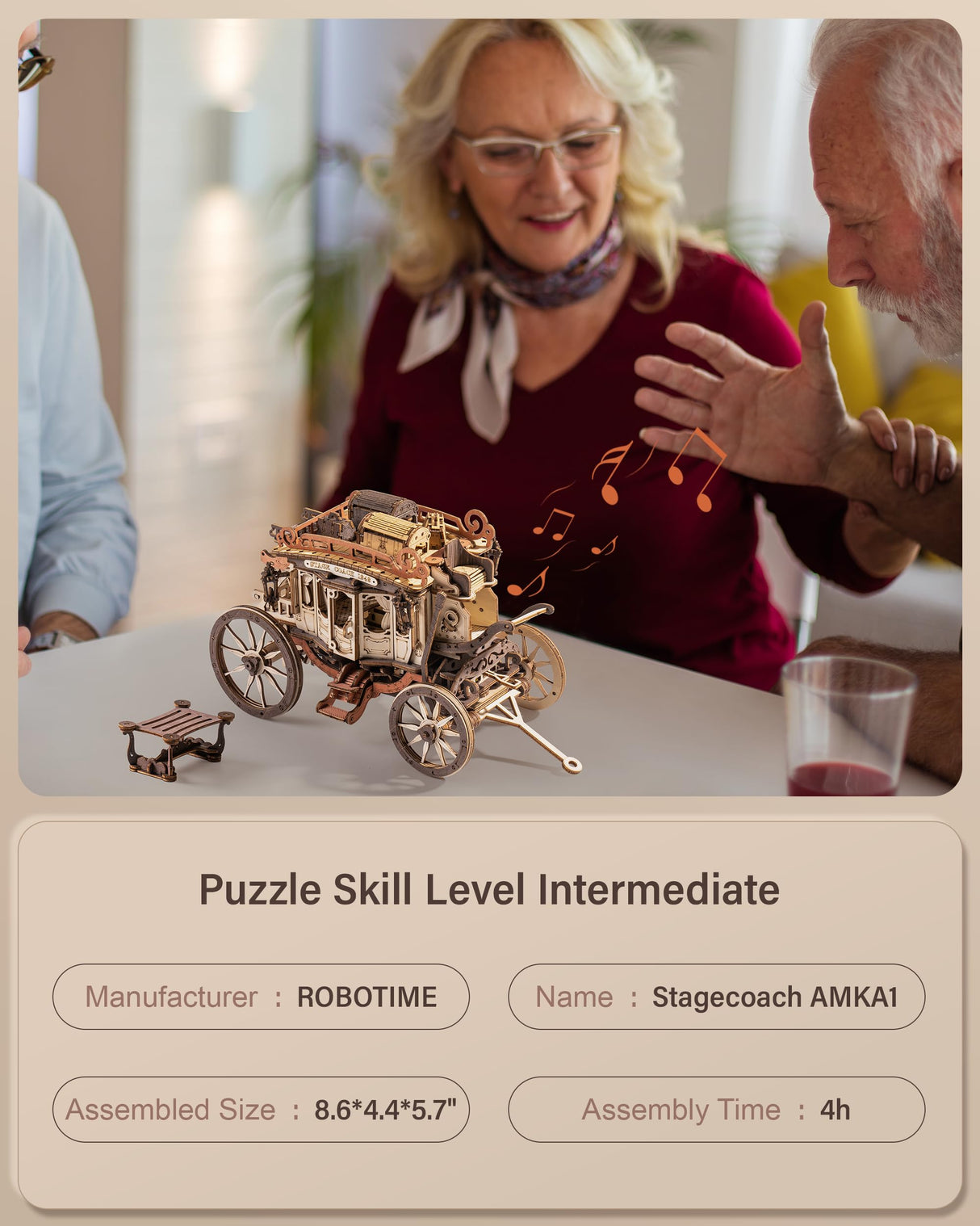 ROBOTIME Stagecoach Wooden Music Box Puzzle AMKA1, Valentines Day Gift 3D Wooden Puzzles for Adults, Mechanical 3D Model to Build, Birthday ROBOTIME