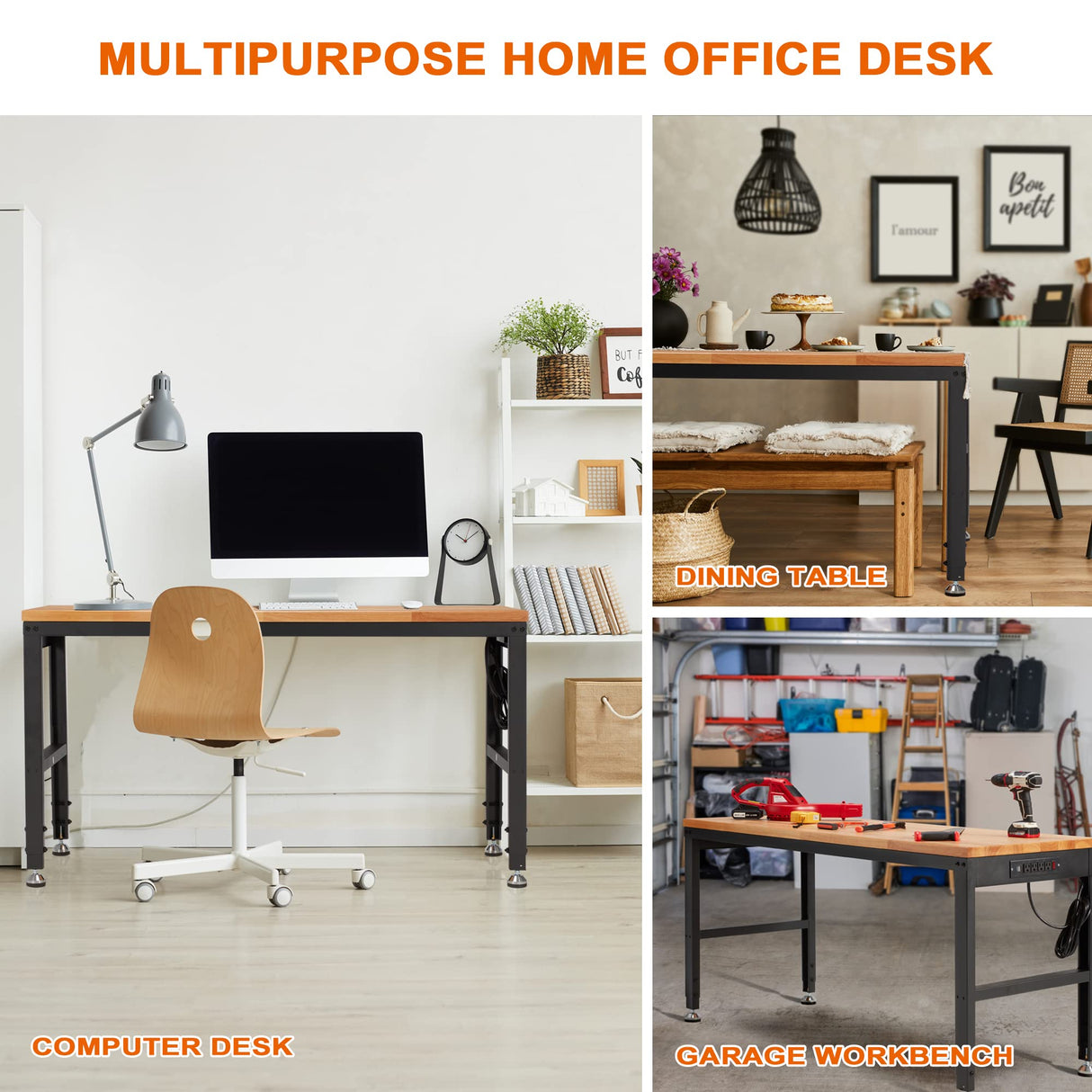 Haddockway Adjustable Workbench for Garage, 60" x 22" Rubber Wood Top Work Bench with Power Outlets, Max 2000 Lbs Load Capacity Heavy Duty Haddockway