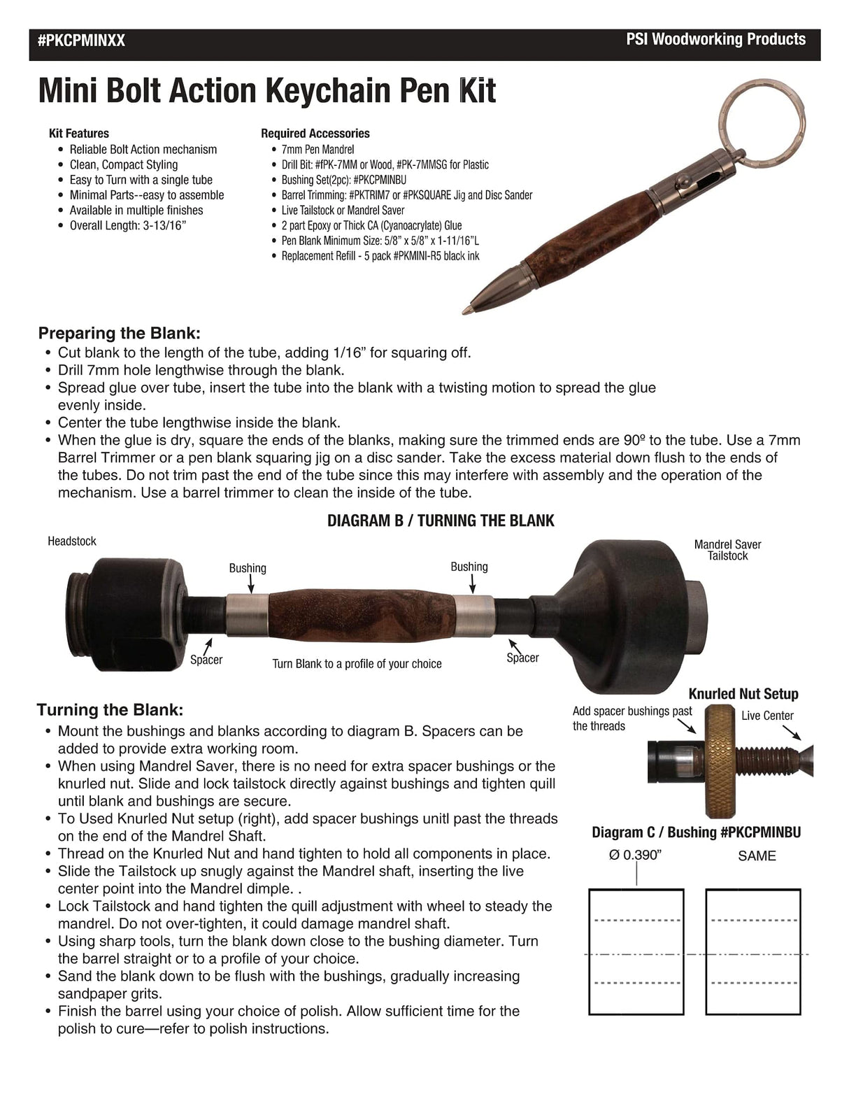 Penn State Industries PKCPMINSS Mini Bolt Action Keychain Pen Kit Starter Package Woodturning Project Penn State Industries