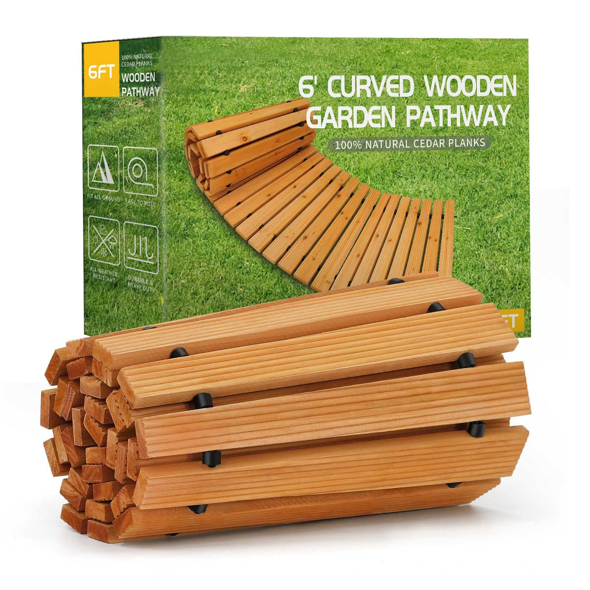 RELIANCER 6' Wooden Garden Pathway,Outdoor Roll Out Cedar Curved Walkway,Patio Path Decorative Garden Boardwalk Walkways,Weather-Resistant Roll Up RELIANCER