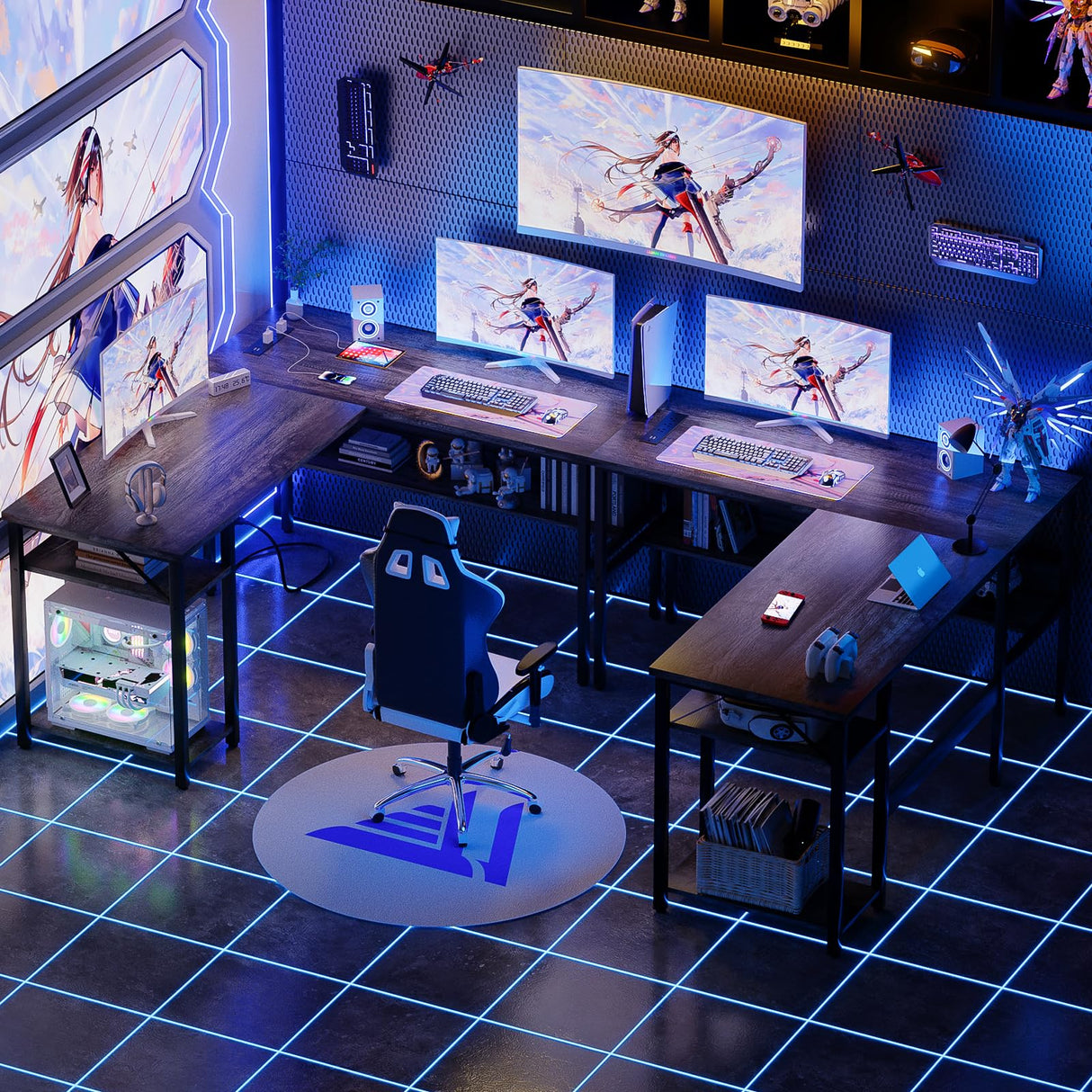 Unikito Reversible L Shaped Desk with Magic Power Outlets and USB Charging Ports, Sturdy Corner Computer Desk with Storage Shelves, Gaming Desk for Unikito