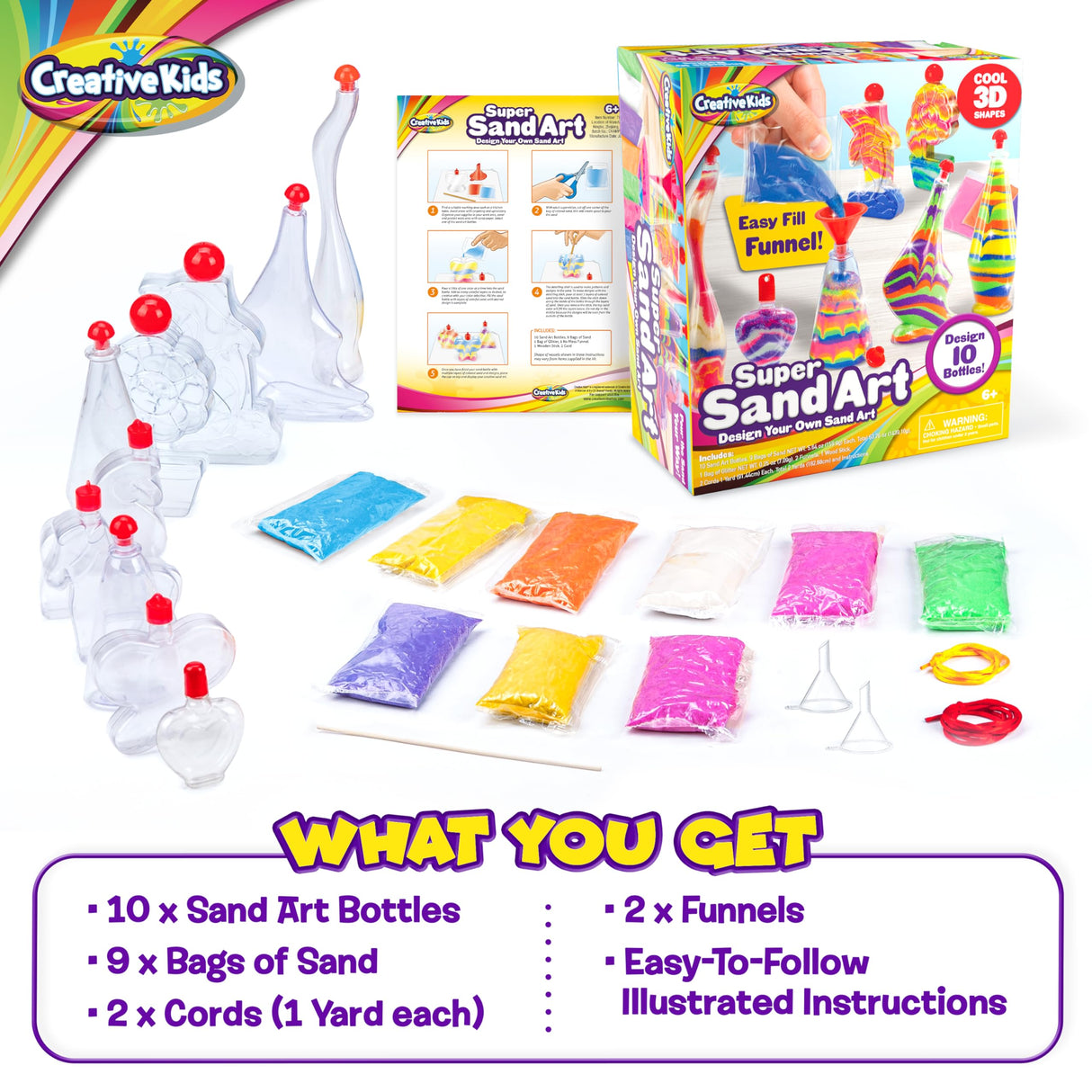 Creative Kids Sand Art Activity Kit for Kids - 10 Sand Art Bottles and 10 Colored Cool Sand Bags + Glitter Sand - Create Your Own Sand Art - DIY Arts Creative Kids