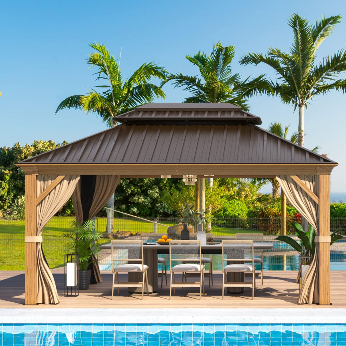 EROMMY 12' x 14' Gazebo, Wooden Finish Coated Aluminum Frame Canopy with Double Galvanized Steel Hardtop Roof, Outdoor Permanent Metal Pavilion with EROMMY