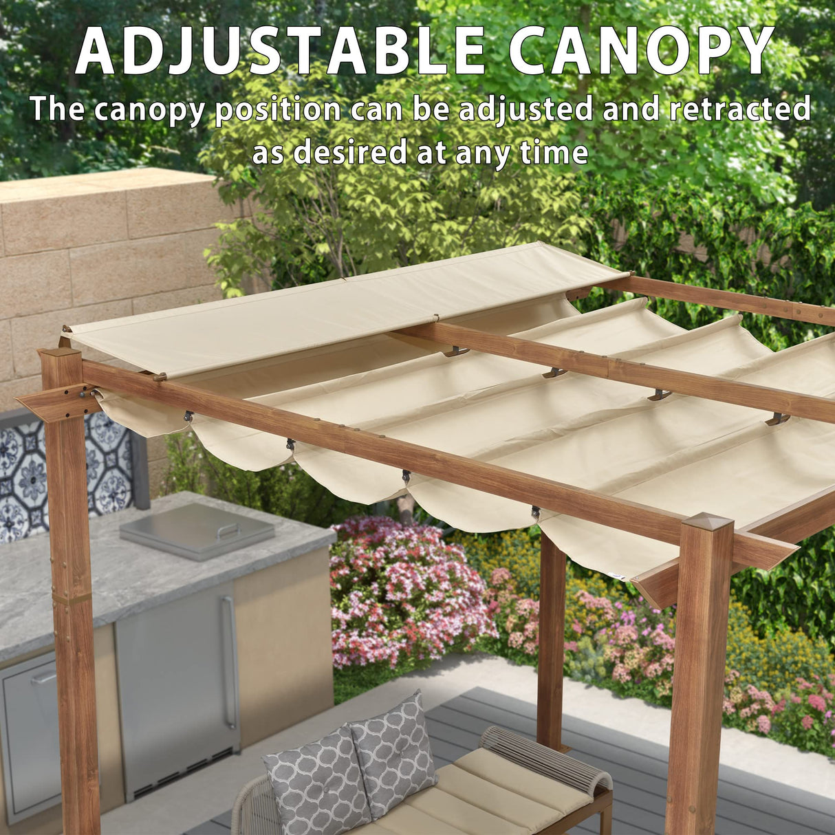 PURPLE LEAF 10' x 10' Outdoor Retractable Pergola with Sun Shade Canopy Patio Metal Shelter for Garden Porch Beach Pavilion Natural Wood Grain Frame PURPLE LEAF