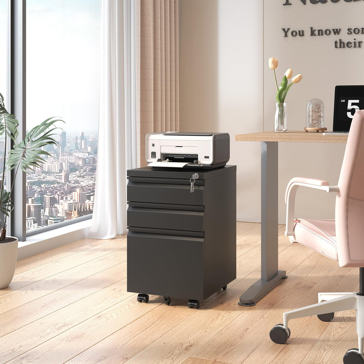 FLIXELIO 3-Drawer Mobile File Cabinet with Lock,Small Rolling Metal Office Storage Filing Cabinet Under Desk,Vertical Locking File Cabinets with FLIXELIO