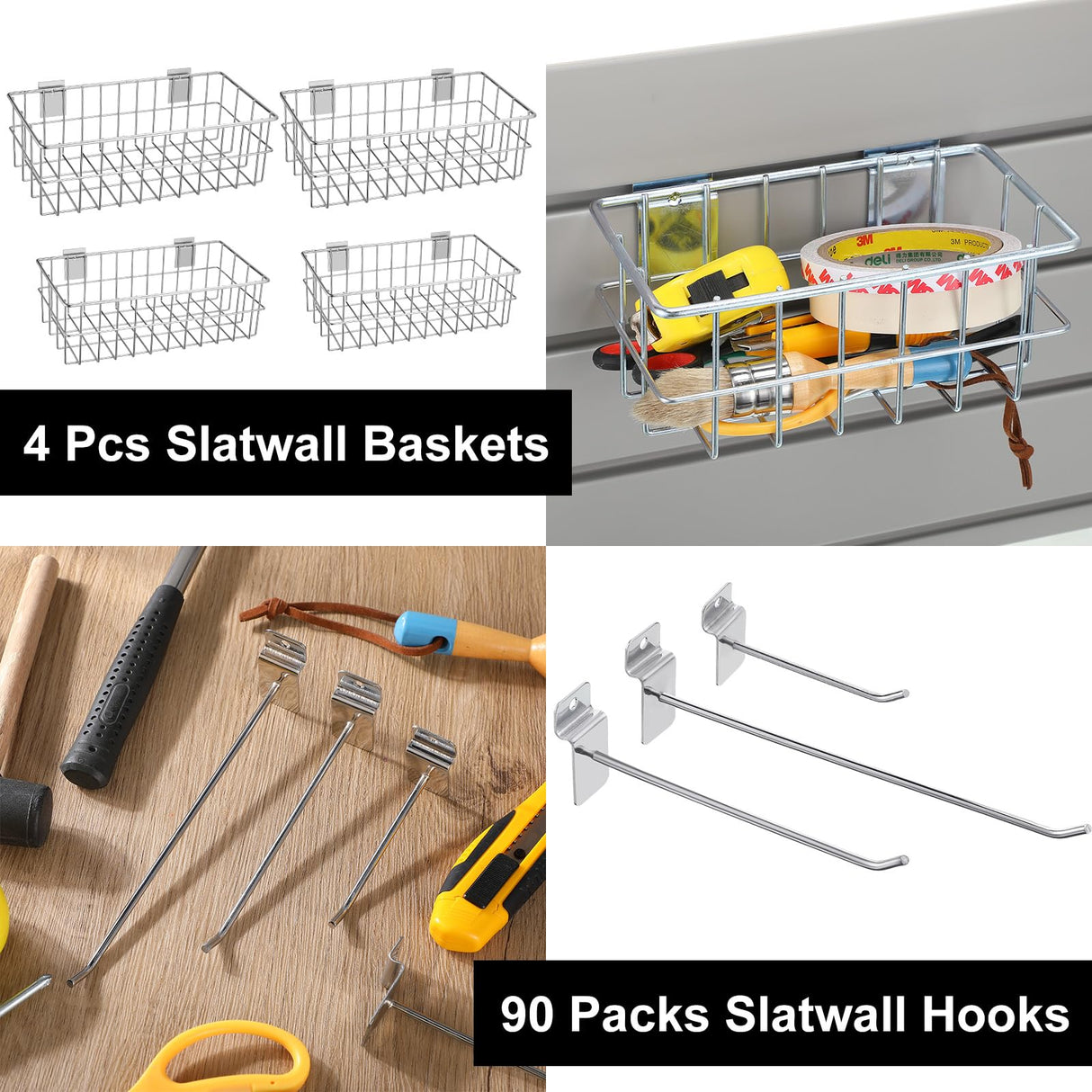 Yaocom 94 Pcs Slatwall Accessory 4 Metal Slatwall Baskets 90 Slatwall Hooks 4'' 6'' 8'' Slat Wall Hooks Hanging Storage Baskets for Shops Rooms Yaocom