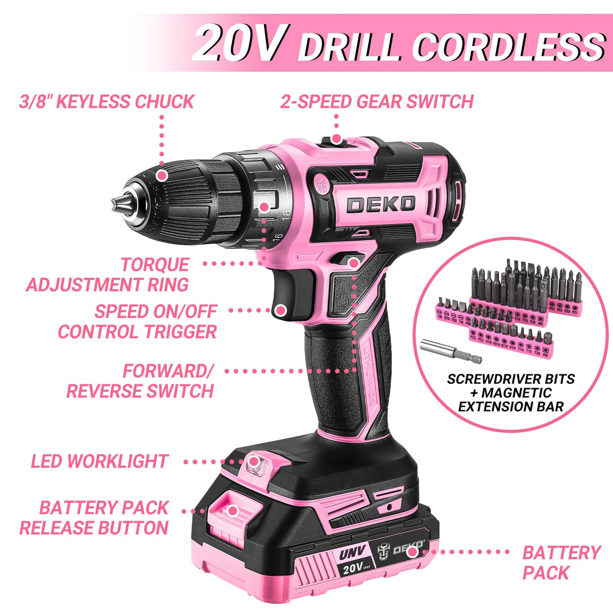Pink Drill Tool Kit Set: 20V Cordless Power Drill Tool Box with Battery Electric Drill Driver for Men Home Hand Repair Basic Toolbox Tools Sets DEKOPRO