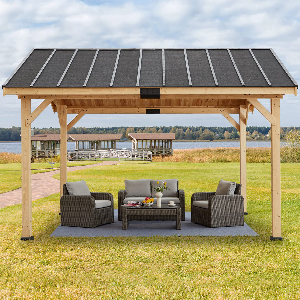 MELLCOM 12' x15' Wood Gazebo, Spruce Solid Wood Hardtop Pavilion, Waterproof Asphalt Roof, for Patio, Lawn, Garden, Easy Installation MELLCOM