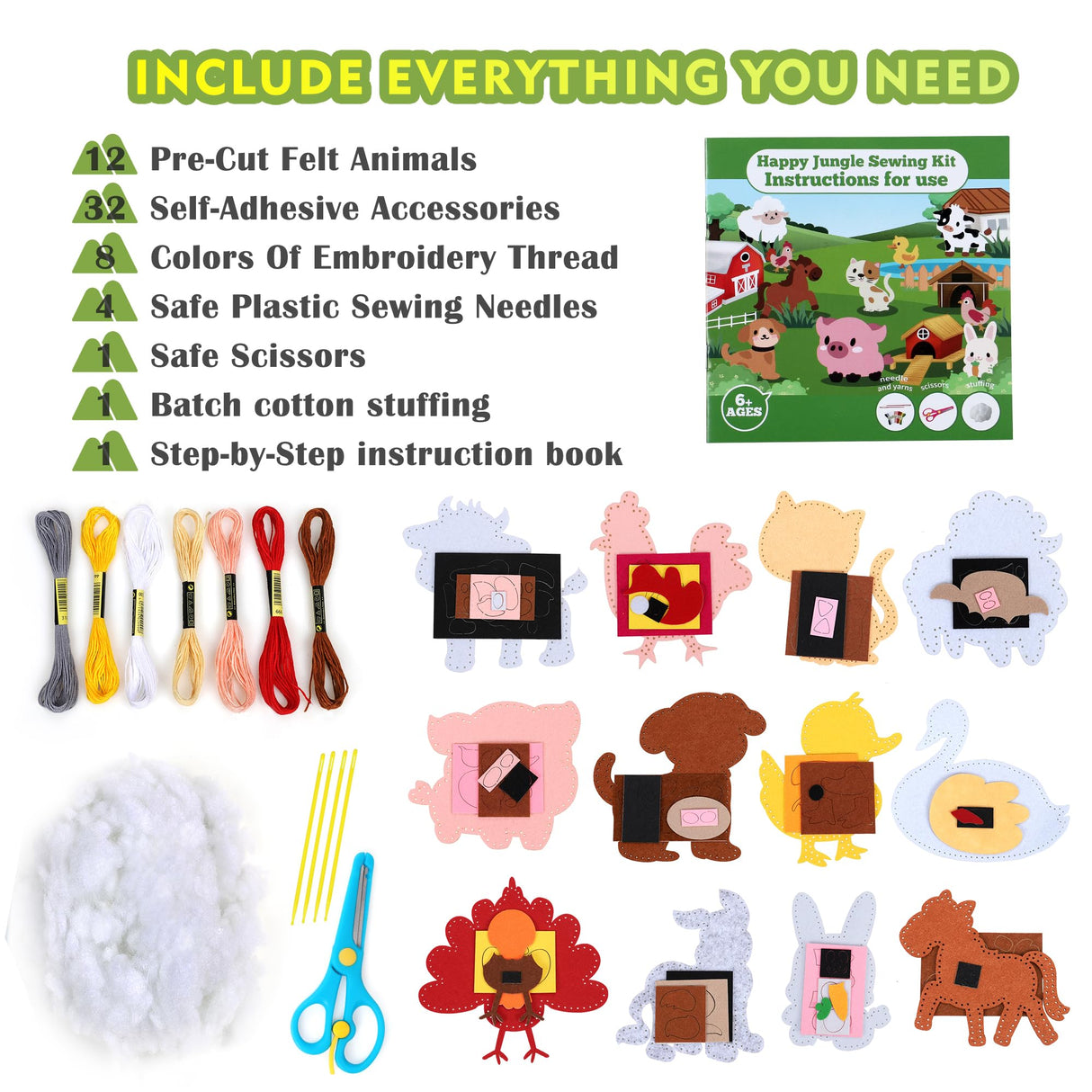 YEETIN Sewing Kit for Kids Ages 6+, Beginner Felt Sewing Craft Kit, DIY Farm Stuffed Animals Making Set, Art Projects for Girls Toys, Learn to Sew YEETIN