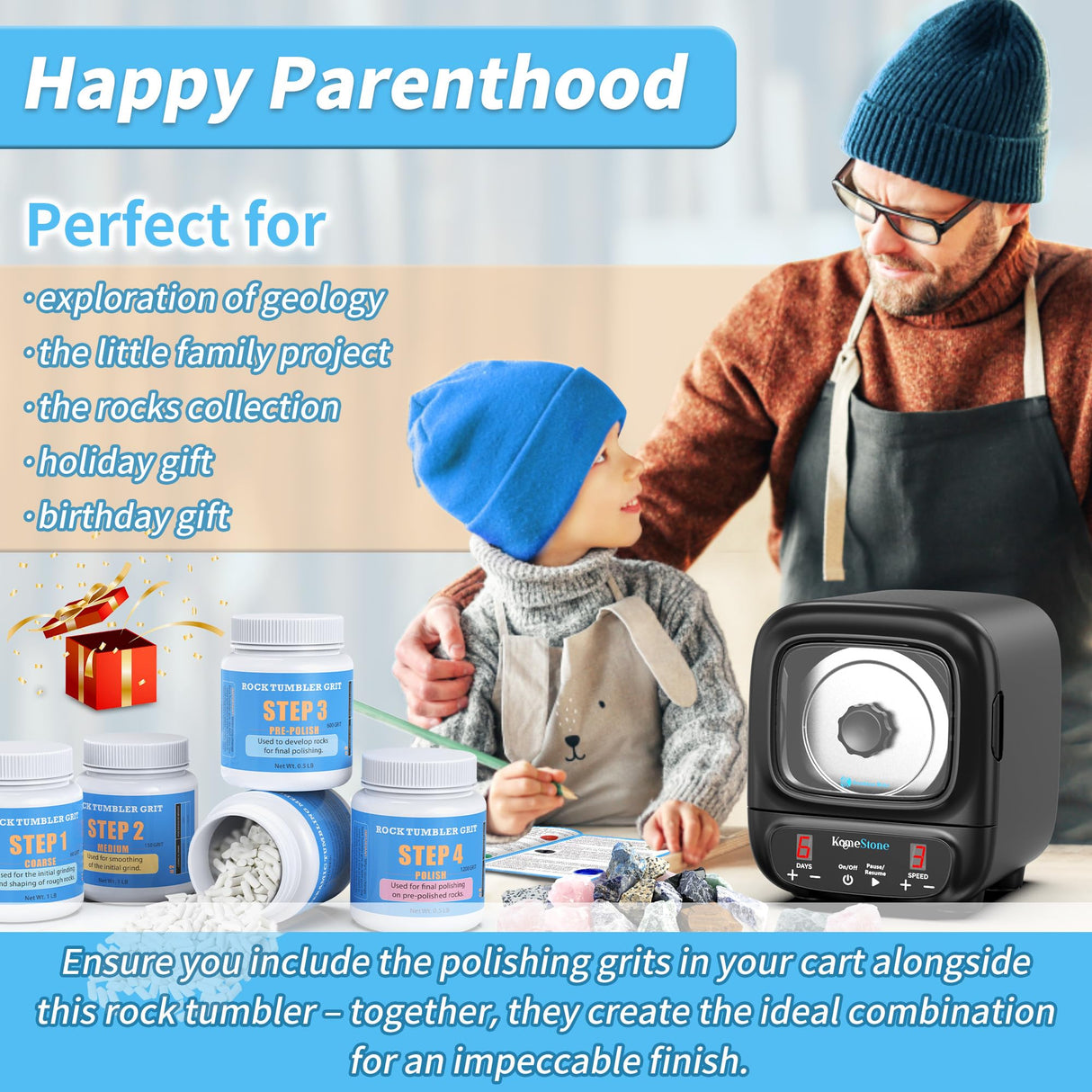 KomeStone K2 Elite Professional Rock Tumbler Kit, Ultra Quiet & Cutting Edge Brushless Motor Rock Polisher for Adults & Rock Collector, KomeStone